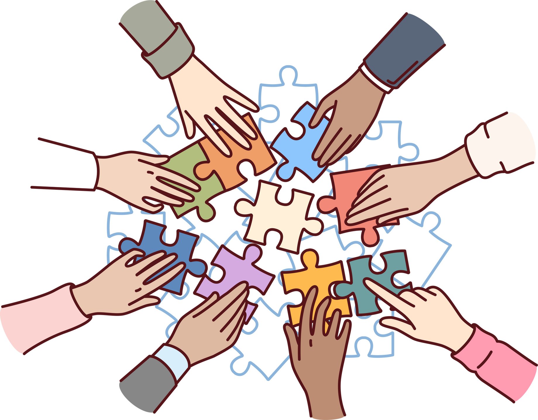 Hands of business people with puzzle symbolizing teamwork and joint execution of tasks